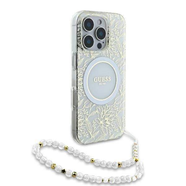 Custodia MagSafe per Apple iPhone 16 Pro, Guess, IML Flowers Allover Electroplated with Pearl Strap, Bianca