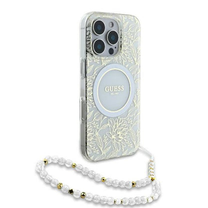 Custodia MagSafe per Apple iPhone 16 Pro, Guess, IML Flowers Allover Electroplated with Pearl Strap, Bianca