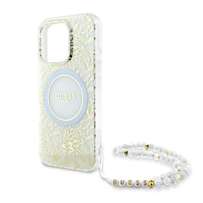 Custodia MagSafe per Apple iPhone 16 Pro, Guess, IML Flowers Allover Electroplated with Pearl Strap, Bianca