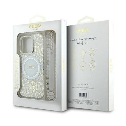 Custodia MagSafe per Apple iPhone 16 Pro, Guess, IML Flowers Allover Electroplated with Pearl Strap, Bianca