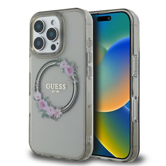Custodia MagSafe per Apple iPhone 16 Pro, Guess, IML Flowers Wreath, Nera