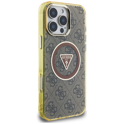 Custodia MagSafe per Apple iPhone 16 Pro, Guess, IML Glitter 4G Circle Triangle, Marrone