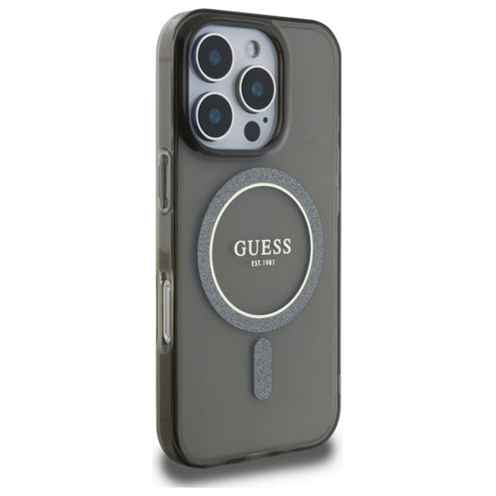 Custodia MagSafe per Apple iPhone 16 Pro, Guess, IML Glitter Ring, Nera