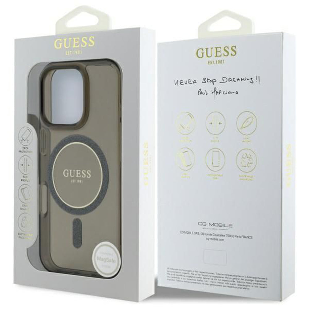 Custodia MagSafe per Apple iPhone 16 Pro, Guess, IML Glitter Ring, Nera