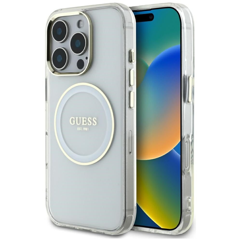 Custodia MagSafe per Apple iPhone 16 Pro, Guess, IML Metal Colored Circle, Bianca