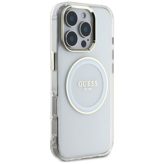 Custodia MagSafe per Apple iPhone 16 Pro, Guess, IML Metal Colored Circle, Bianca