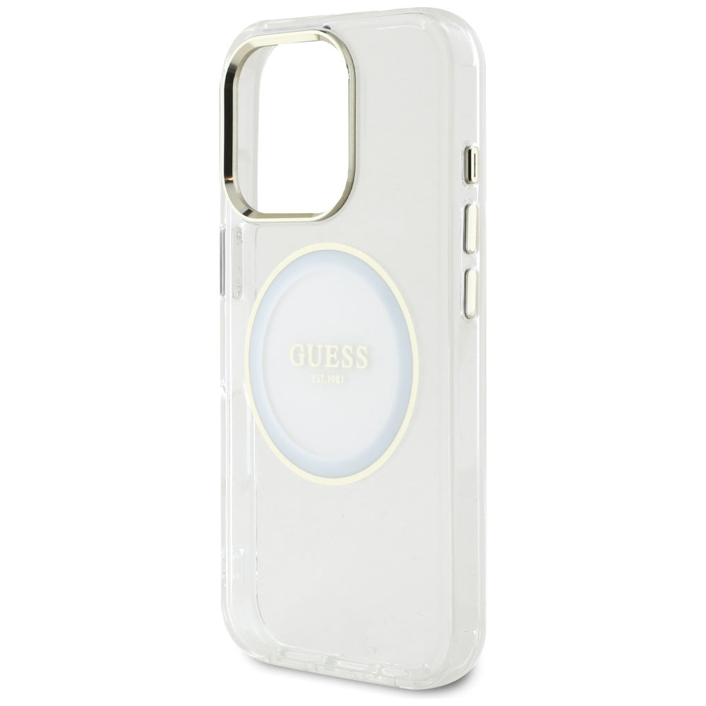 Custodia MagSafe per Apple iPhone 16 Pro, Guess, IML Metal Colored Circle, Bianca