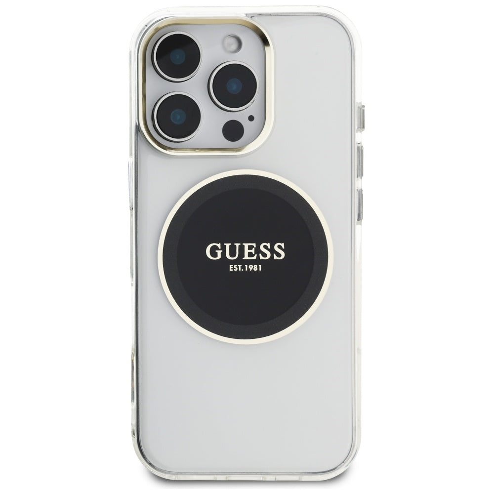 Custodia MagSafe per Apple iPhone 16 Pro, Guess, IML Metal Colored Circle, Nera