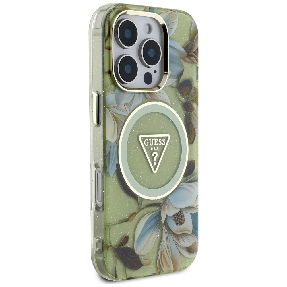 Custodia MagSafe per Apple iPhone 16 Pro, Guess, IML Metal Glitter Flowers Triangle, Verde