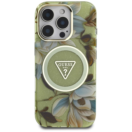 Custodia MagSafe per Apple iPhone 16 Pro, Guess, IML Metal Glitter Flowers Triangle, Verde