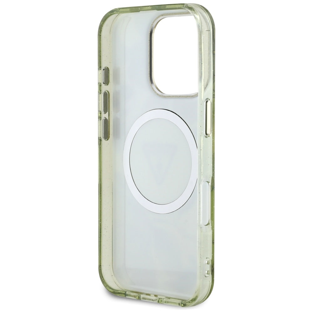 Custodia MagSafe per Apple iPhone 16 Pro, Guess, IML Metal Glitter Flowers Triangle, Verde