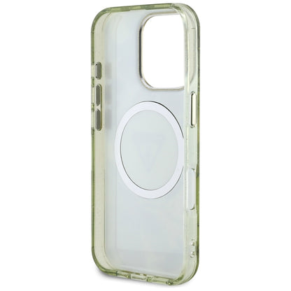 Custodia MagSafe per Apple iPhone 16 Pro, Guess, IML Metal Glitter Flowers Triangle, Verde