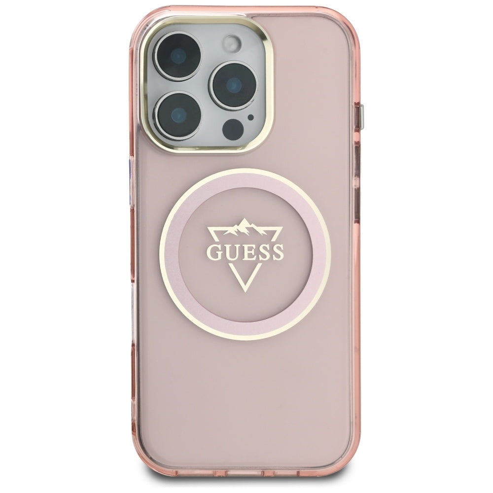 Custodia MagSafe per Apple iPhone 16 Pro, Guess, IML Metal Mountain Logo, Rosa