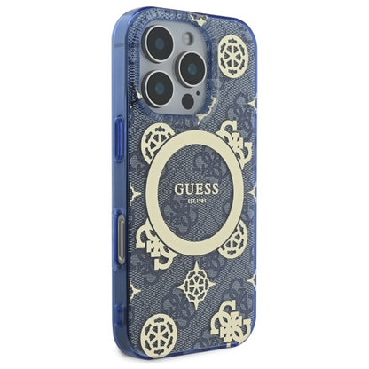 Custodia MagSafe per Apple iPhone 16 Pro, Guess, IML Peony On 4G Background, Blu