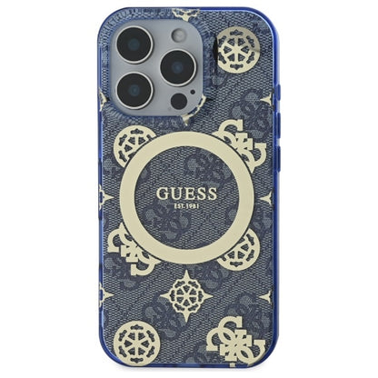 Custodia MagSafe per Apple iPhone 16 Pro, Guess, IML Peony On 4G Background, Blu