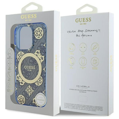 Custodia MagSafe per Apple iPhone 16 Pro, Guess, IML Peony On 4G Background, Blu