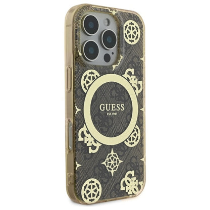 Custodia MagSafe per Apple iPhone 16 Pro, Guess, IML Peony On 4G Background, Marrone