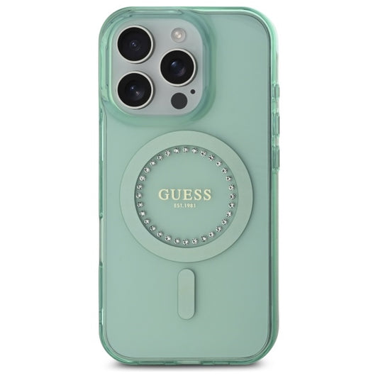 Custodia MagSafe per Apple iPhone 16 Pro, Guess, IML Rhinestone, Verde