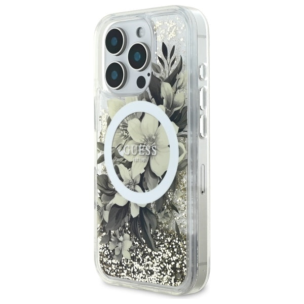Custodia MagSafe per Apple iPhone 16 Pro, Guess, Liquid Glitter Flower, Beige