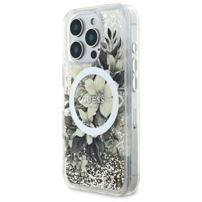 Custodia MagSafe per Apple iPhone 16 Pro, Guess, Liquid Glitter Flower, Beige