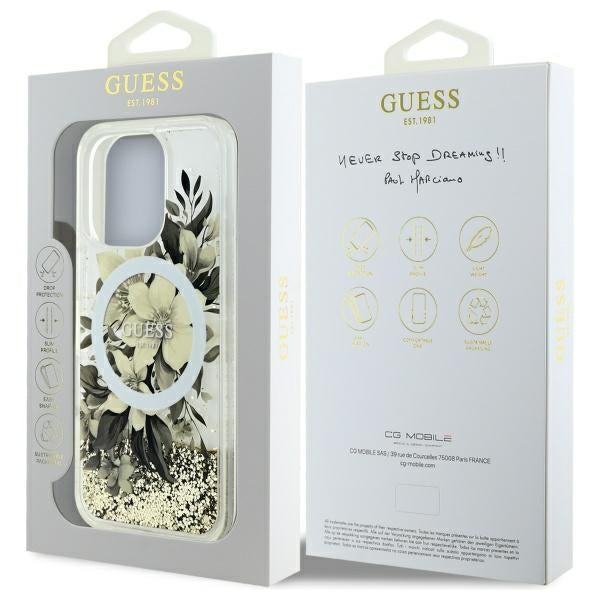 Custodia MagSafe per Apple iPhone 16 Pro, Guess, Liquid Glitter Flower, Beige