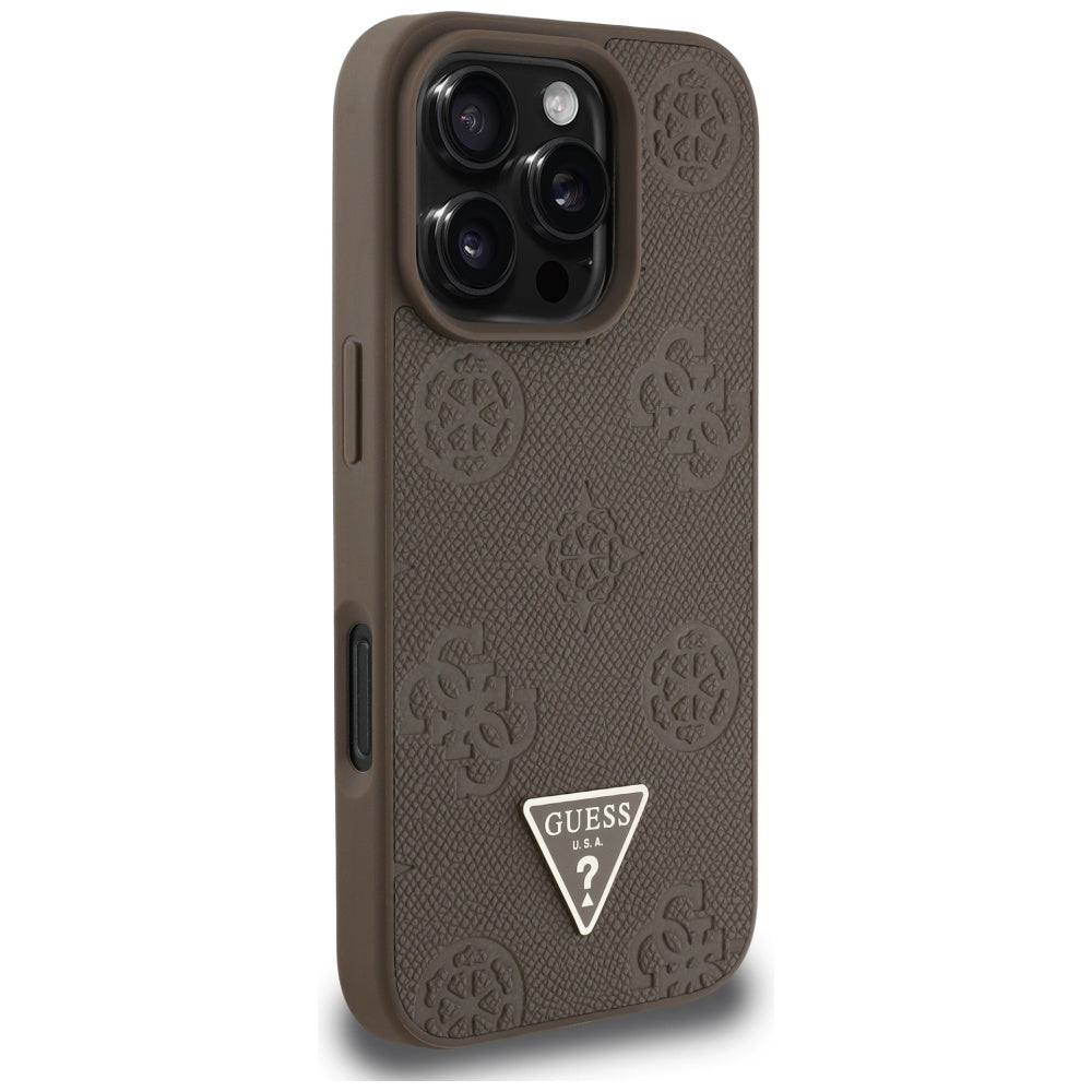 Custodia MagSafe per Apple iPhone 16 Pro, Guess, Peony Grained Hot Stamp Triangle, Marrone