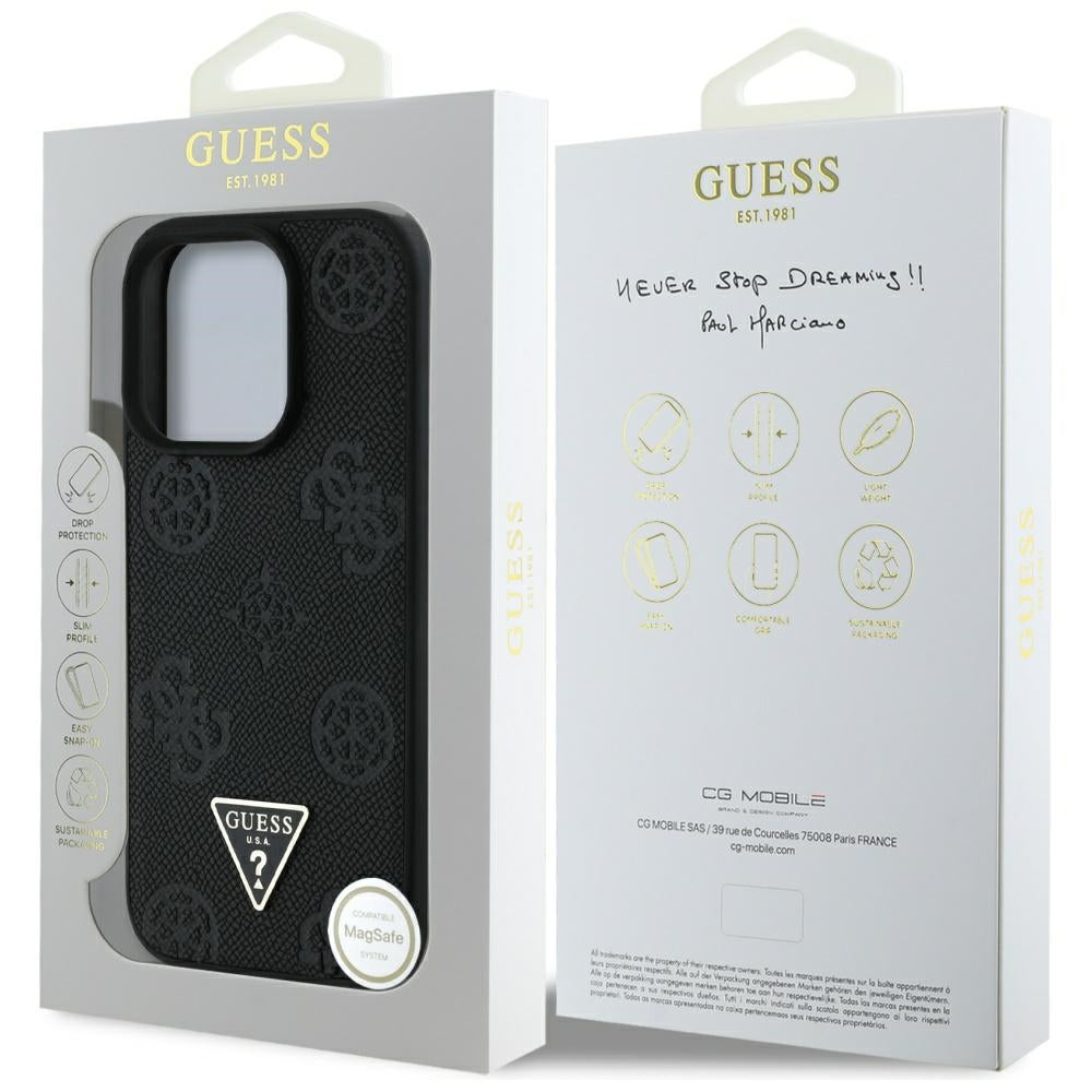 Custodia MagSafe per Apple iPhone 16 Pro, Guess, Peony Grained Hot Stamp Triangle, Nera