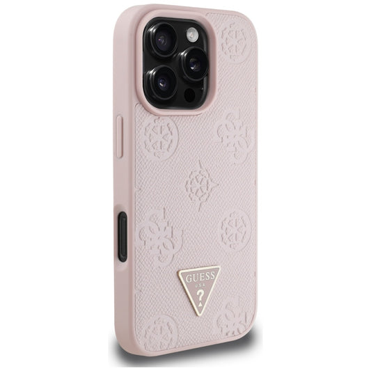 Custodia MagSafe per Apple iPhone 16 Pro, Guess, Peony Grained Hot Stamp Triangle, Rosa