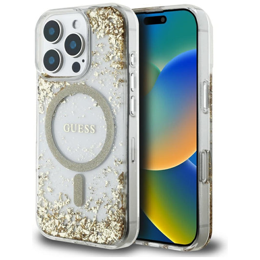 Custodia MagSafe per Apple iPhone 16 Pro, Guess, Resin Bottom Glitter, Dorata