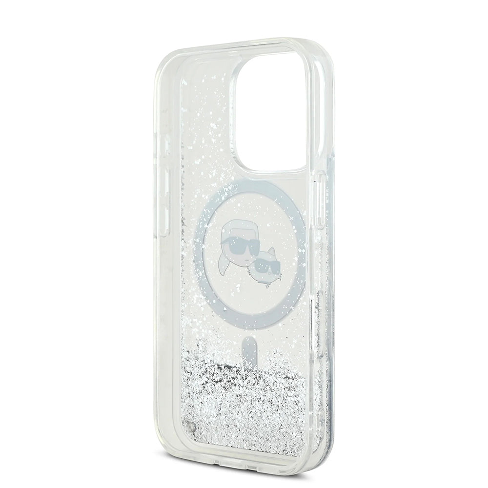 Custodia MagSafe per Apple iPhone 16 Pro, Karl Lagerfeld, Liquid Glitter Karl & Choupette's Heads, Trasparente