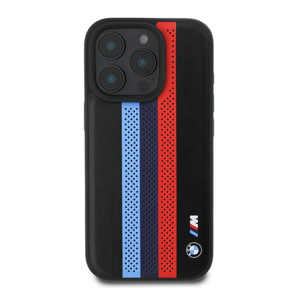 Custodia MagSafe per Apple iPhone 16 Pro Max, BMW, Perforated M Perf. Tricolor Stripers, Nera