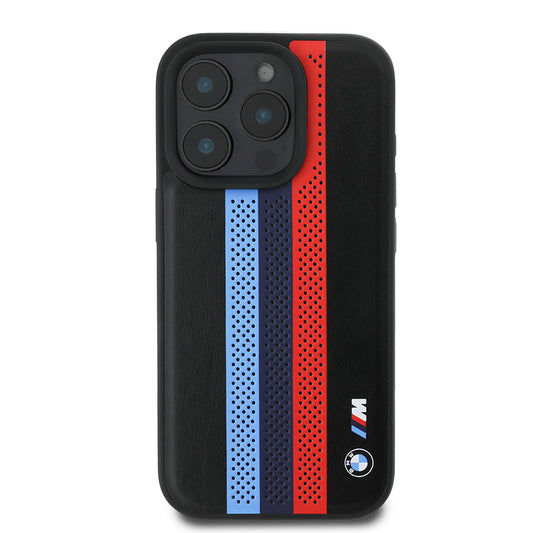 Custodia MagSafe per Apple iPhone 16 Pro Max, BMW, Perforated M Perf. Tricolor Stripers, Nera
