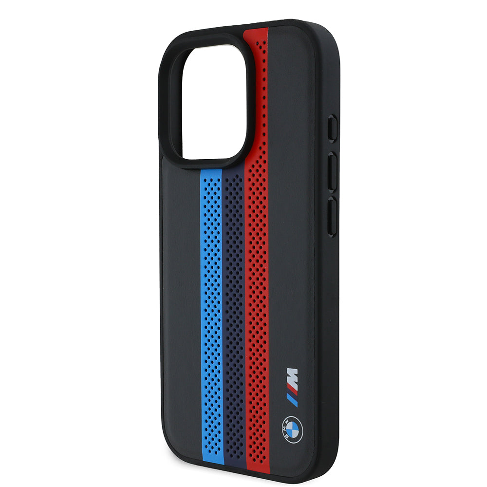 Custodia MagSafe per Apple iPhone 16 Pro Max, BMW, Perforated M Perf. Tricolor Stripers, Nera