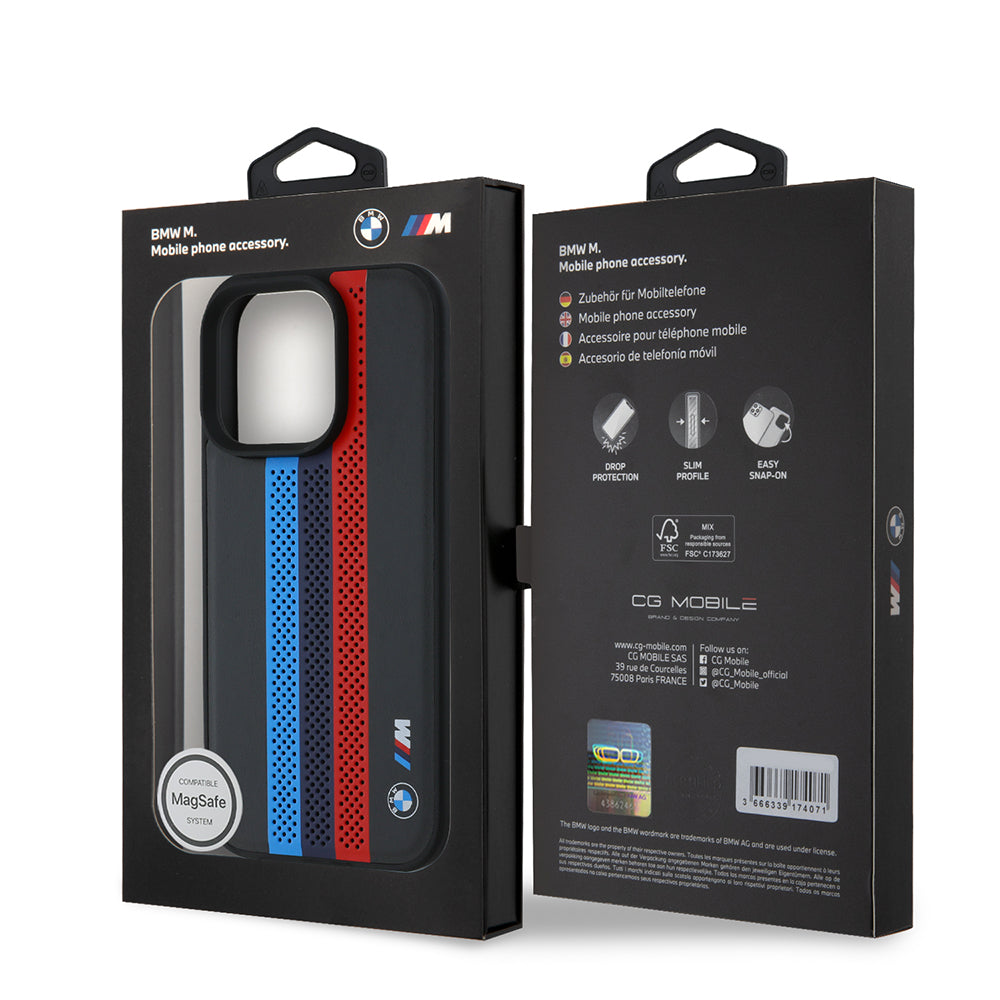 Custodia MagSafe per Apple iPhone 16 Pro Max, BMW, Perforated M Perf. Tricolor Stripers, Nera