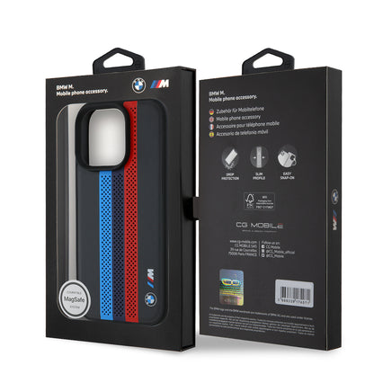 Custodia MagSafe per Apple iPhone 16 Pro Max, BMW, Perforated M Perf. Tricolor Stripers, Nera