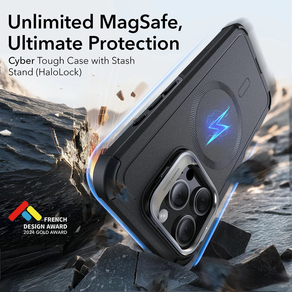 Custodia MagSafe per Apple iPhone 16 Pro Max, ESR, Cyber Armor Kickstand, Nera