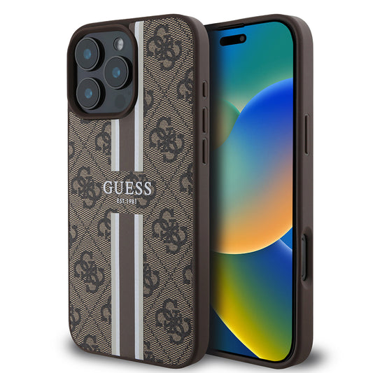 Custodia MagSafe per Apple iPhone 16 Pro Max, Guess, 4G Printed Stripes, Marrone