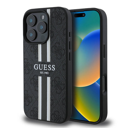 Custodia MagSafe per Apple iPhone 16 Pro Max, Guess, 4G Printed Stripes, Nera