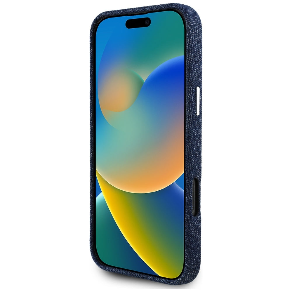 Custodia MagSafe per Apple iPhone 16 Pro Max, Guess, Denim Triangle Logo, Blu