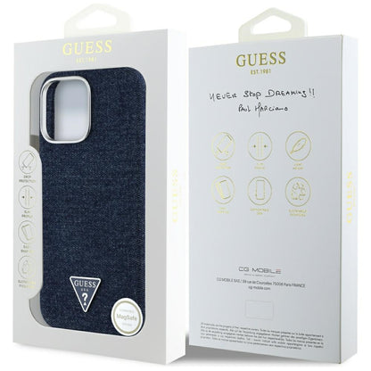Custodia MagSafe per Apple iPhone 16 Pro Max, Guess, Denim Triangle Logo, Blu