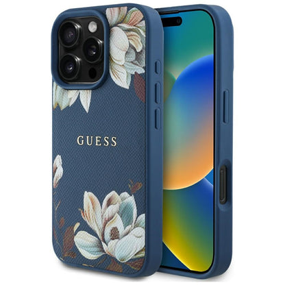 Custodia MagSafe per Apple iPhone 16 Pro Max, Guess, Grained Flowers, Blu
