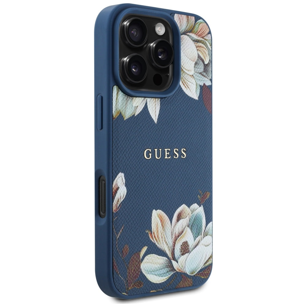 Custodia MagSafe per Apple iPhone 16 Pro Max, Guess, Grained Flowers, Blu