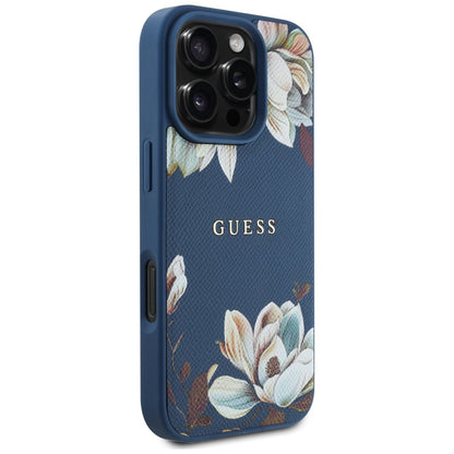 Custodia MagSafe per Apple iPhone 16 Pro Max, Guess, Grained Flowers, Blu