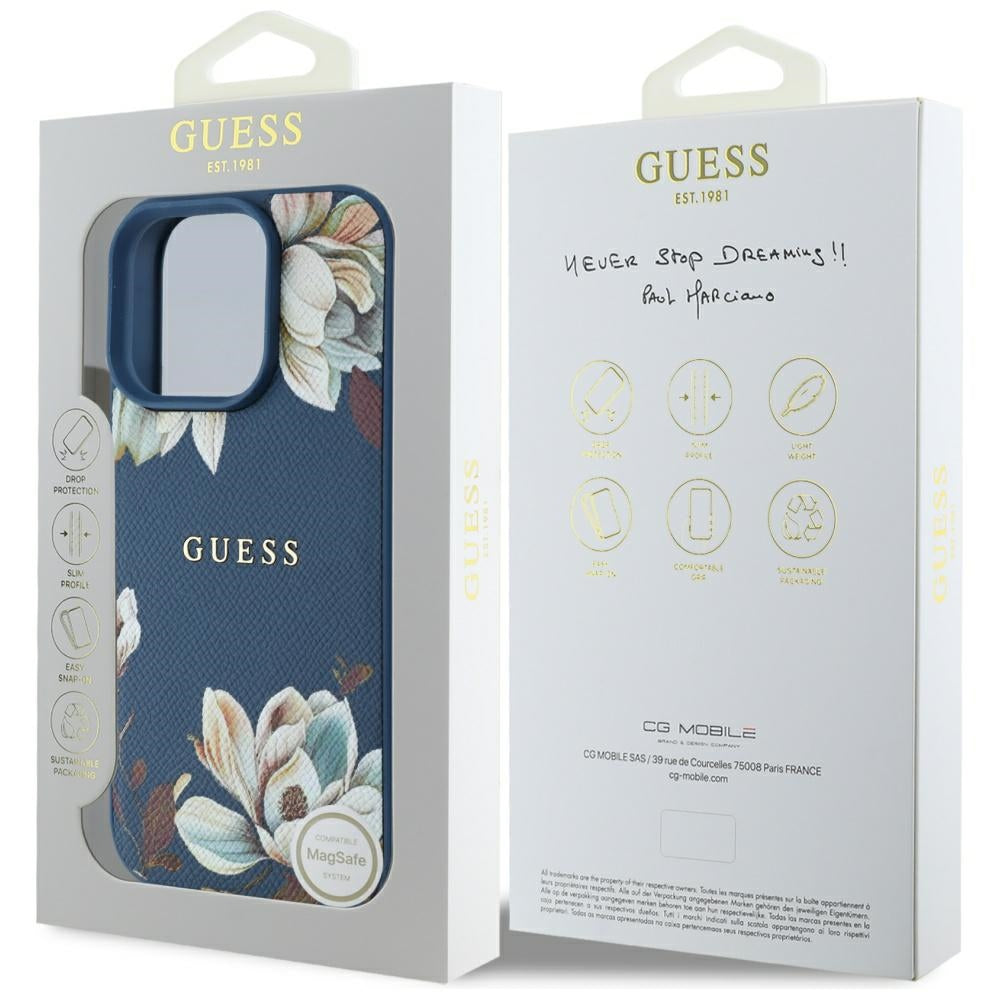 Custodia MagSafe per Apple iPhone 16 Pro Max, Guess, Grained Flowers, Blu