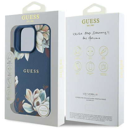 Custodia MagSafe per Apple iPhone 16 Pro Max, Guess, Grained Flowers, Blu