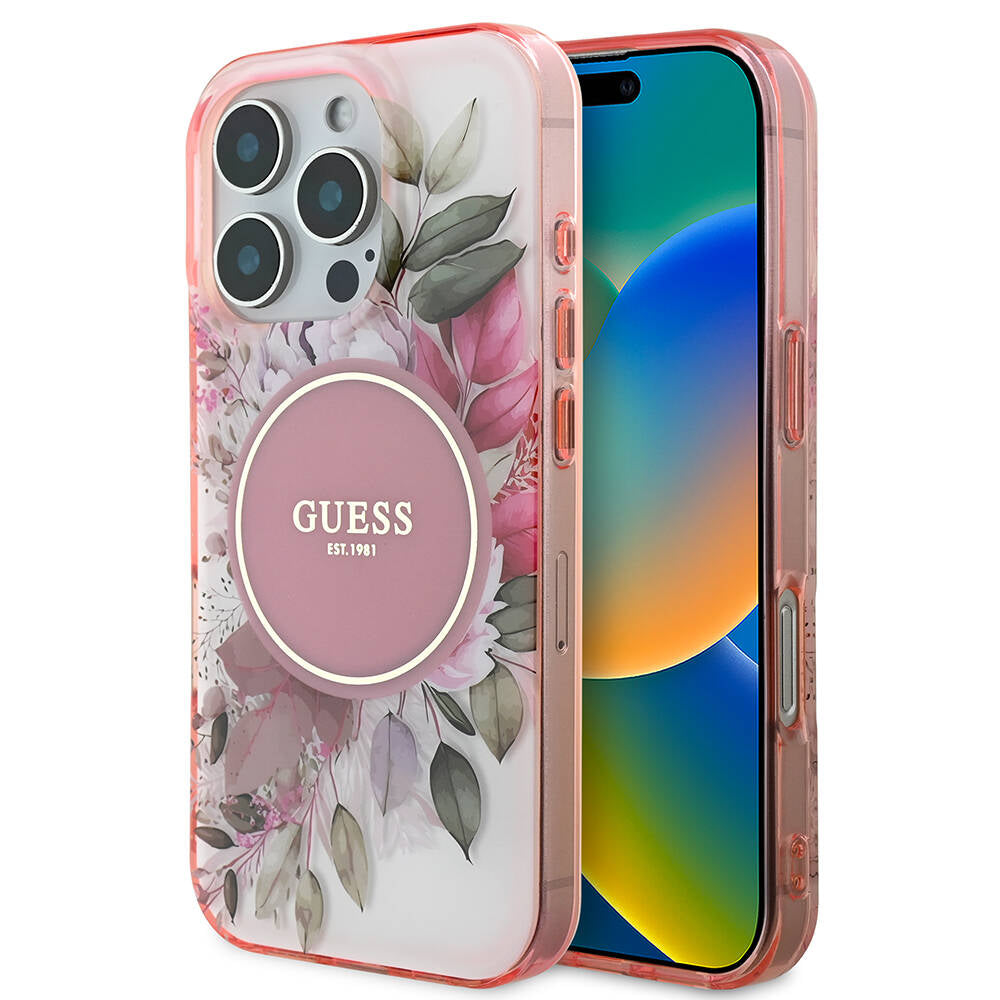 Custodia MagSafe per Apple iPhone 16 Pro Max, Guess, IML Flower & Tonal Circle, Rosa