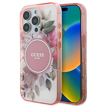 Custodia MagSafe per Apple iPhone 16 Pro Max, Guess, IML Flower & Tonal Circle, Rosa