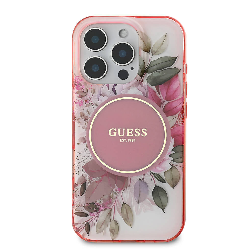 Custodia MagSafe per Apple iPhone 16 Pro Max, Guess, IML Flower & Tonal Circle, Rosa