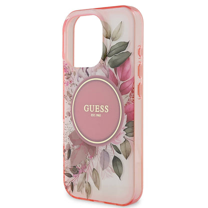 Custodia MagSafe per Apple iPhone 16 Pro Max, Guess, IML Flower & Tonal Circle, Rosa