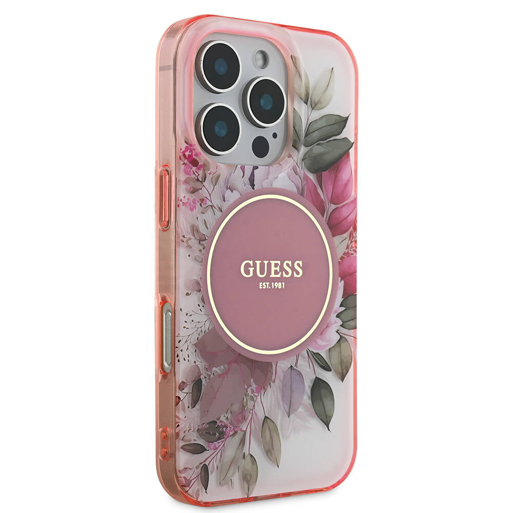 Custodia MagSafe per Apple iPhone 16 Pro Max, Guess, IML Flower & Tonal Circle, Rosa
